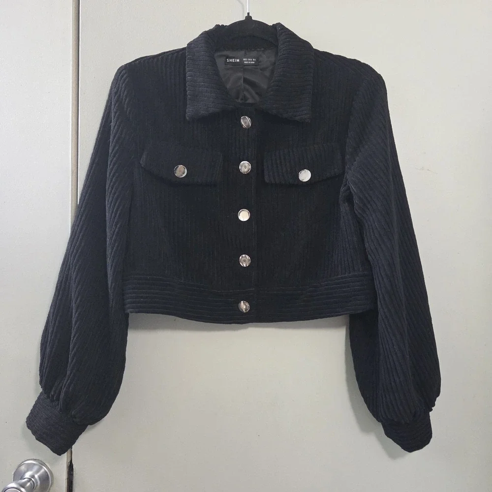 Women's S Black Corduroy Cropped Jacket Balloon Sleeve Silver Button Y2K Grunge